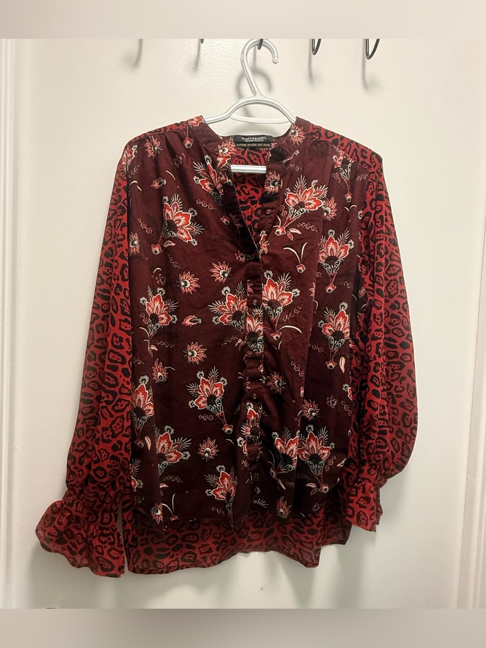Scotch & Soda Burgundy Mixed Print Floral Leopard Blouse Ruffle Cuff M